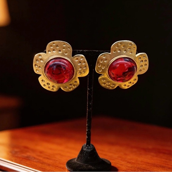 Jewelry - Vintage Signed Gold Flower Earrings with Red Cabochon Center
